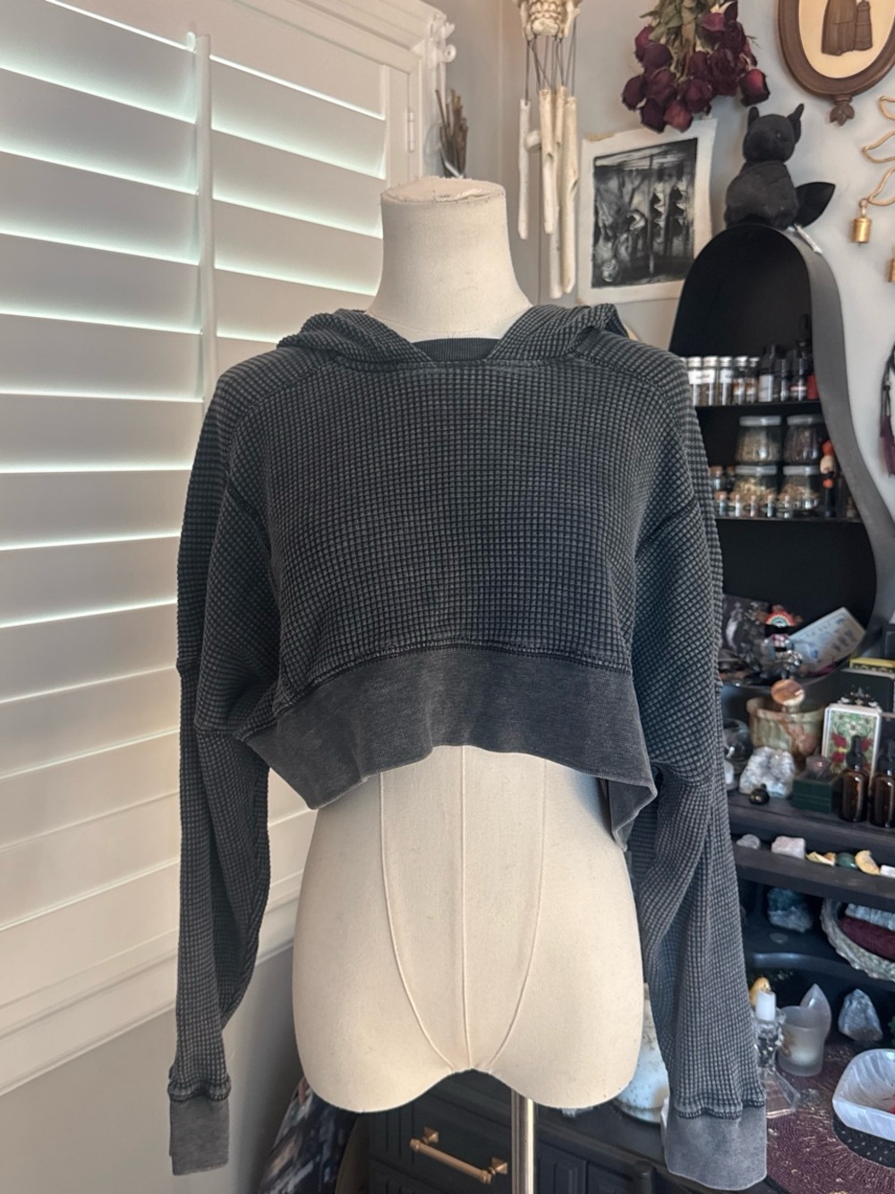 Cropped Waffle Knit Hoodie - Charcoal Gray